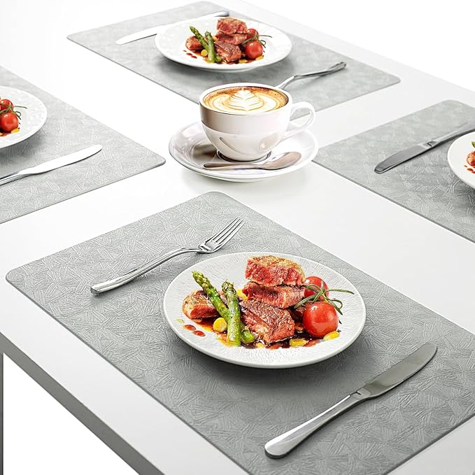 Vinyl Placemats Set of 12 Faux Leather 100% Waterproof Wipeable Washable Place Mats Heat Resistant Easy Clean Non-Slip Table Mats for Indoor Outdoor. (12, Light Gray)