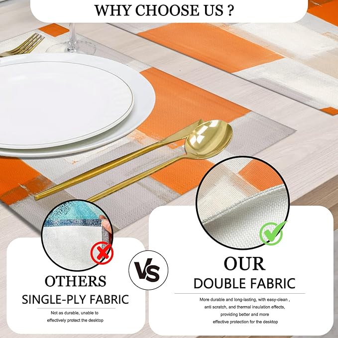 Mcalk Orange Table Runner and Placemats Set of 6, Abstract Brown Placemats, Modern Cloth Place Mats Indoor for Kitchen,Washable Linen Material for Dining Table