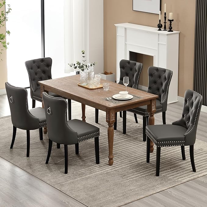 KCC Faux Leather Dining Chairs Set of 2, Upholstered High-end Tufted Dining Room Chair with Nailhead Back Ring Pull Trim Solid Wood Legs, Contemporary Nikki Collection Modern Style for Kitchen, Gray