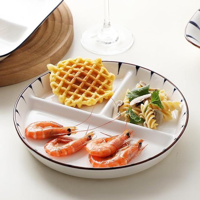 8" Dinner Plate Set, 3-Piece, Compartmentalized Ceramic Plates for Breakfast, Salad, Portion Control and Weight Loss