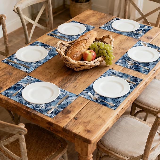 Placemats Set of 6 Tropical Palm Tree Place Mats Washable Kitchen Dining Linen Table Mats Stain Heat, for Home Party Indoor 12x18 in