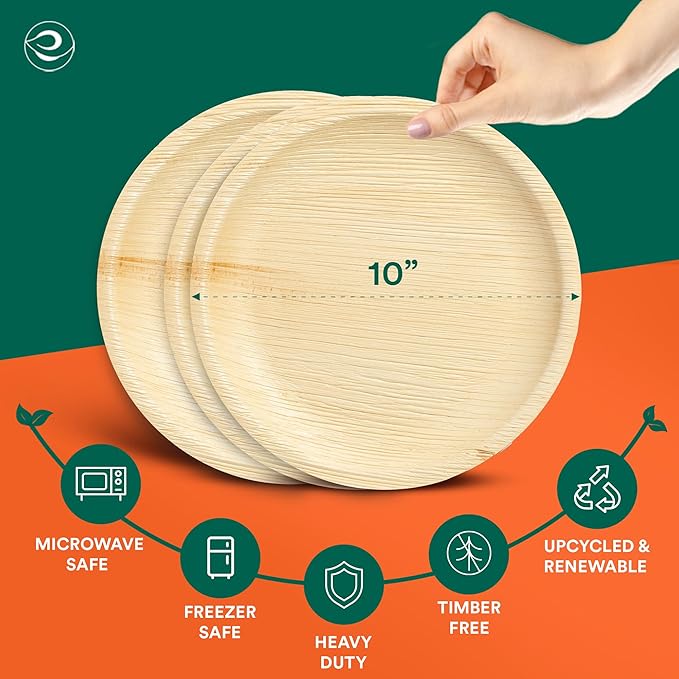 ECO SOUL Palm Leaf Disposable Bamboo Plates 10" Round Compostable & Biodegradable Party Plates for Dinner, Weddings, Parties & Events 100 Count