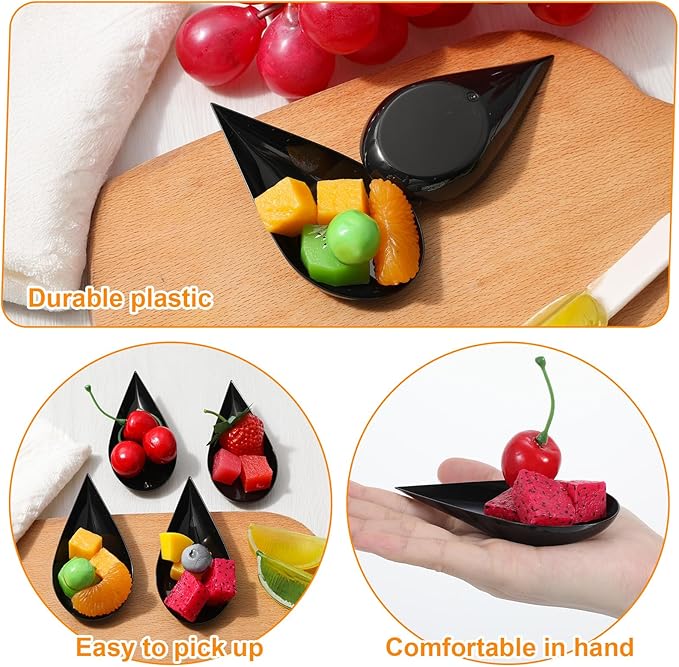 400 Pcs 4" Tear Drop Mini Appetizer Plates, Black Reusable Plastic Mini Appetizer Spoons Small Catering Cakes Tasting Cups Desserts Dishes Serving Plate, for Wedding, Buffet, Party Events