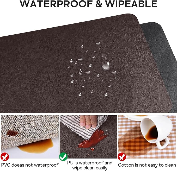 AAPLKER Faux Leather Placemats Set of 6, Vinyl Placemats Wipeable Waterproof Oil-Proof Table Mats, Heat Resistant Place Mats for Kitchen Indoor Outdoor, 16.9 x 11.8 inches (Choco Brown/Black)