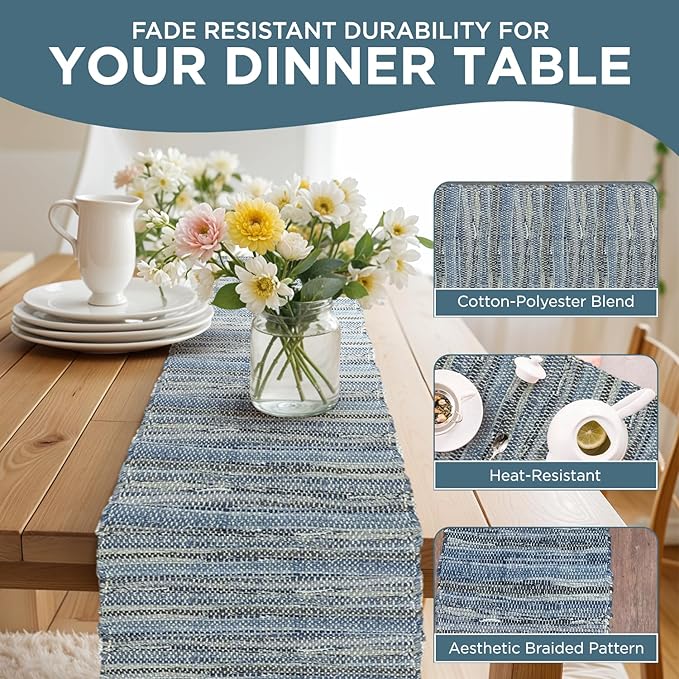 Perilla Home Chindi Table Runner Boho with Tassels 72 Inches Long Denim - Braided Rustic Farmhouse Fall Kitchen Dining Table Decoration for Party Wedding (Blue)