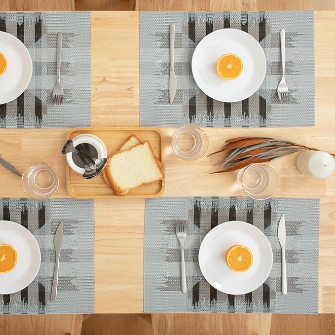 Winknowl Placemats Set of 8, Heat Resistant Stain Resistant Woven Vinyl Insulation Place mats, Durable Washable Elegant Table Mats for Kitchen Dining Table Decor (Geometric Gray)