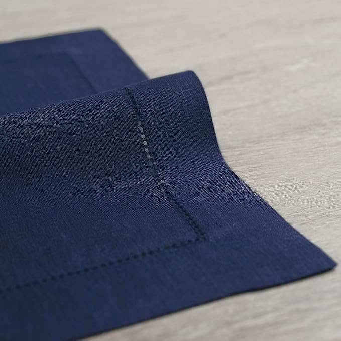 Solino Home Linen Cloth Placemats Set of 6-100% Pure Linen Hemstitch Navy Blue Placemats 14 x 19 Inch - Classic Hemstitch Table Place Mats for Winter, Easter
