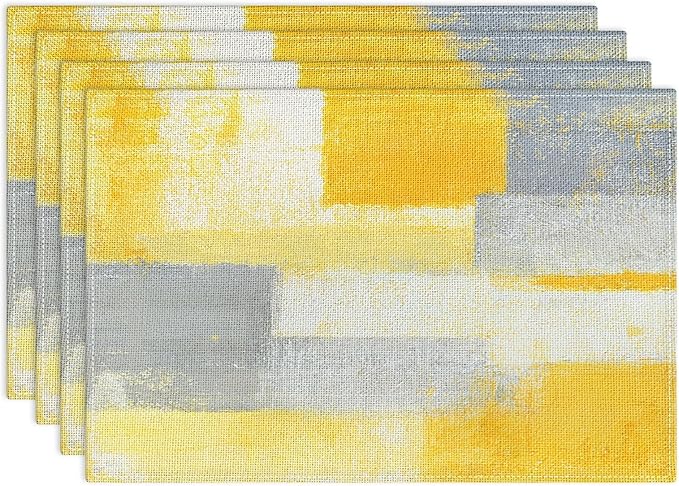 Emvency Farmhouse Placemats Set of 4, 12x18 Inch Modern Grey White and Yellow Art Painting Table Mats for Outdoor Home Party Kitchen Dining Decoration