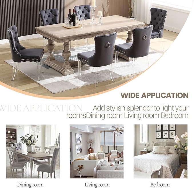 KCC Velvet Dining Chairs Set of 2, Upholstered Tufted Wingback Dining Room Chair with Nailhead Back Ring Pull Trim Solid Acrylic Legs, Contemporary Nikki Collection Style for Kitchen, Grey