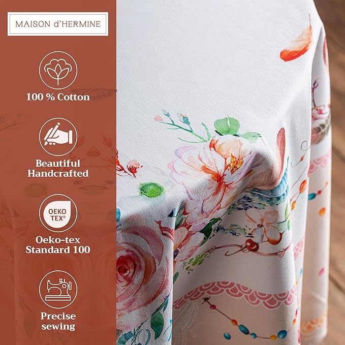 Maison d' Hermine Table Cloth Round Table 100% Cotton 63 Round Inches Tablecloth Reusable Decorative for Dining Room Farmhouse Home Valentines Day Decorations Spring Summer - Ibiza - Beige