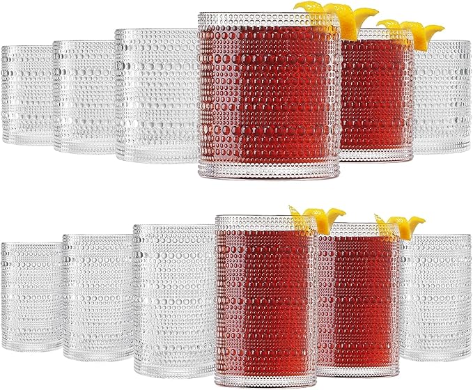 Khen Vintage Hobnail Drinking Glasses Set of 12, 13oz Highball Glasses & 10 oz Lowball Tumblers, Kitchen Water Glasses Cup, Bar Water, Juice, Cocktails Beer, Milk Indoor/Outdoor Bar & Party Drinkware