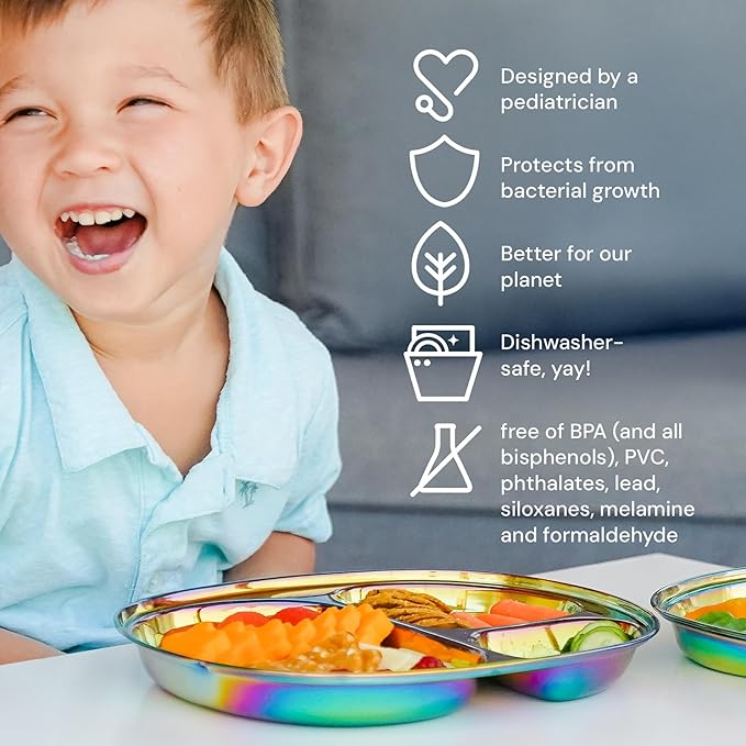 Ahimsa Stainless Steel Plates For Kids, Pediatrician Designed Colorful Divided Plates for Toddlers & Baby, Non Toxic, Unbreakable & Dishwasher Safe, Rainbow Set of 4