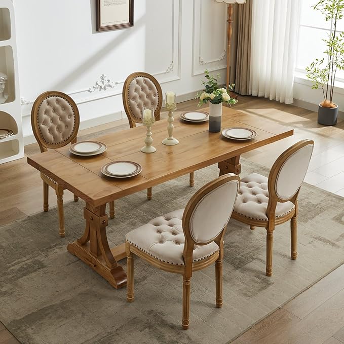 Ball & Cast French Vintage Upholstered Dining Chairs Set of 2, Button Tufted Kitchen Side-Chairs with Carved Antique Wood Frame & Nailhead Trims, 2-Piece Curved Backrest Louis Chair, Velvet Beige