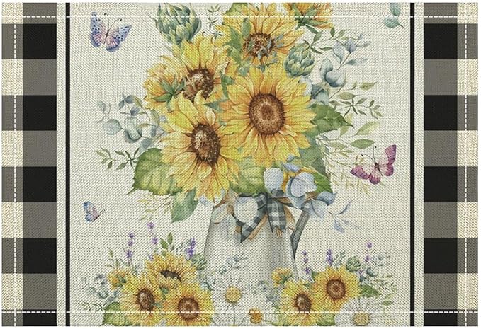Vintage Sunflower Theme Placemat Set, Rustic Farmhouse Vivid Lavender Floral Butterflly Black White Check Pattern Home Decor Linen Table Mats for Dining Room Kitchen Party (17x12in) x6P