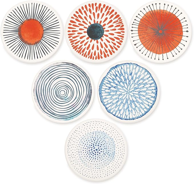 AD Set of 6 Coasters for Drinks Absorbing Round Ceramic Stone Coaster with Cork Base Tabletop Protection Mat for Mugs and Cups,Office,Kitchen (Colorful with Holder)