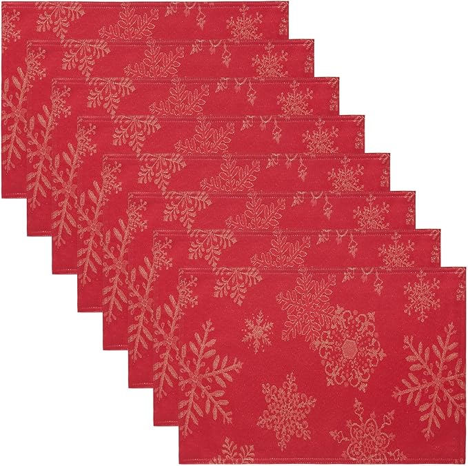 Cloth Place Mats Set of 8–Reusable Rectangular Waterproof Fabric Polyester Washable Wipeable Heat Resistant Jacquard Sparkling Metallic Snowflake for Kitchen Table(Red Gold/13x19 Inch)