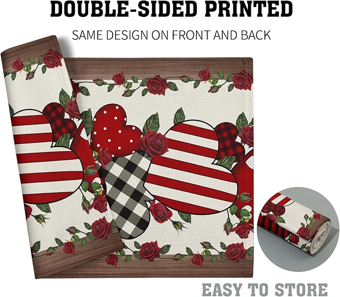 Red Hearts Placemats - Love Place Mats Set of 4 Rose Flower Tablemats 12x18 for Dining Kitchen Farmhouse
