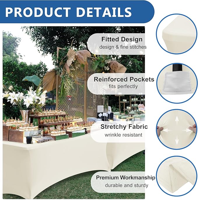 Spandex Table Cloths for 8 Foot Rectangle Tables-6 Pack Fitted Stretch Cream Table Covers-Elastic Folding Tablecloths for Party, Vendor Booth Display, Banquet Buffet Event, Craft Trade Show