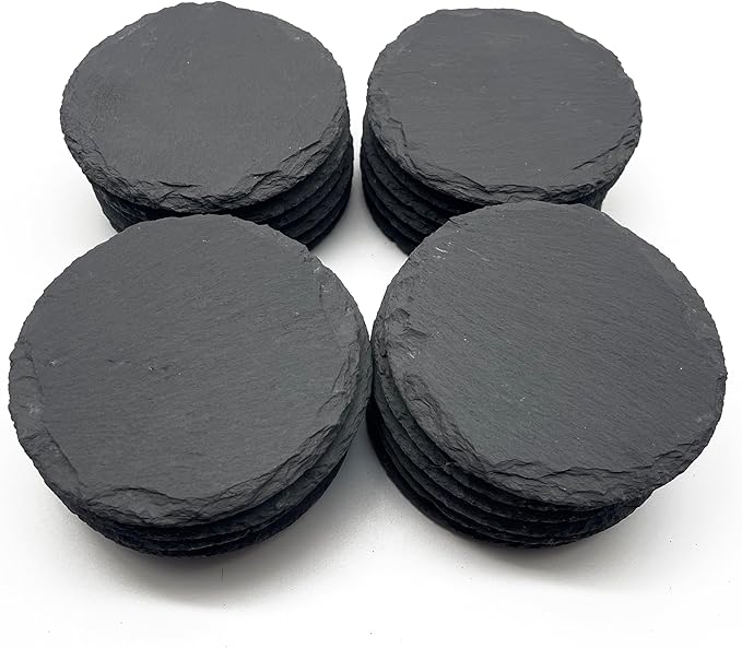 48 Pack 4 inch Round Slate Coasters,Handmade Natural Rough Edge,with Integral Anti-Skid pad,Laser Engraving Blanks,Stone Coasters