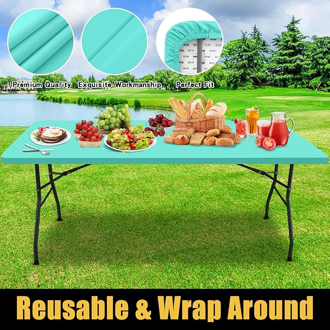 Smiry Rectangle Picnic Table Cloth, Waterproof Elastic Fitted Tablecloths for 4 Foot Tables, Washable Polyester Table Cover for Camping, Indoor and Outdoor (Aqua, 24"x48")