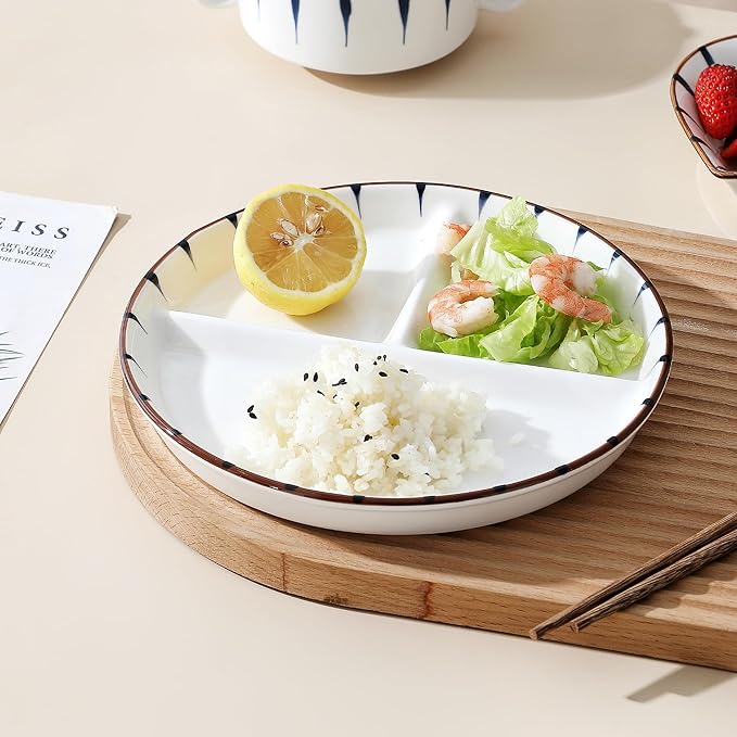 8 Inch Ceramic Portion Control Plate - 3 Compartment Divided Plates for Weight Loss & Diabetes, Microwave & Dishwasher Safe, Stackable Dinnerware Set, BPA-Free Porcelain (White, 1-Pack)