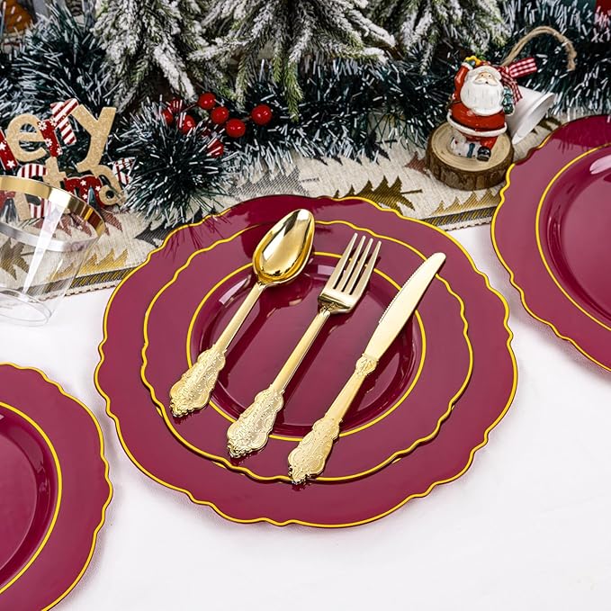 Liacere 350PCS Red Plastic Plates-Disposable Burgundy Red and Gold Plates 50guest Baroque Plastic Dinnerware include 100Plates, 50Pack Pre Rolled Napkins with Silverware 50Cups for Christmas