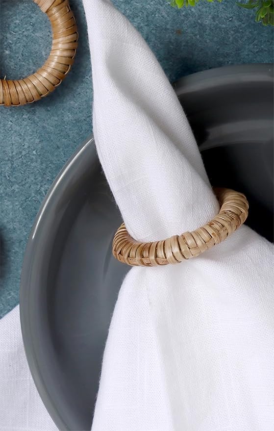 CLEENTABLE Woven Napkin Rings Set of 12 - Handmade Rattan Napkin Holders for Farmhouse Table Décor, Rustic Holiday Dining, Wedding, Thanksgiving, Christmas & Everyday Use (Natural)