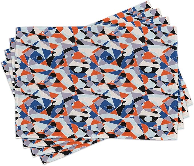 Ambesonne Mid Century Place Mats Set of 4, Mosaic of Various Shapes and Colors Modern Style Complex and Grid, Washable Fabric Placemats for Dining Table, Standard Size, Blue Orange
