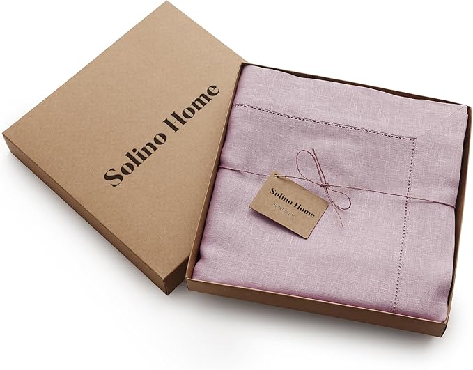 Solino Home Lilac Linen Tablecloth 60 x 132 Inch - 100% Pure Linen Hemstitch Table Cloth for Rectangle Tables - Classic Hemstitch, Machine Washable Tablecloth for Valentines, Spring, Easter