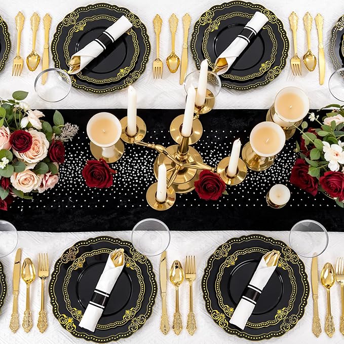 Ciaell 350 PCS Black Plastic Plates - Black and Gold Plates - Black Disposable Plates Include 100 Disposable Plate, 150 Heavy Duty Silverware, 50 Cups, 50 Napkins for Wedding & Party