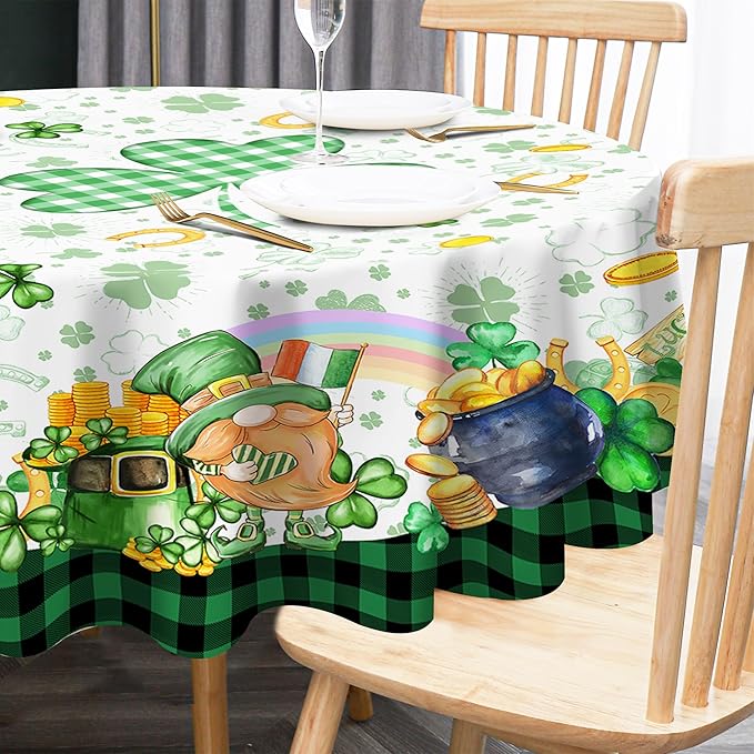 St. Patrick's Day Tablecloth, Rectangular 60 x 84, Polyester, Waterproof, Wrinkle Resistant, Heat Stain Resistant, Shamrock Gnome Leprechaun Design, Fits 4-8 People