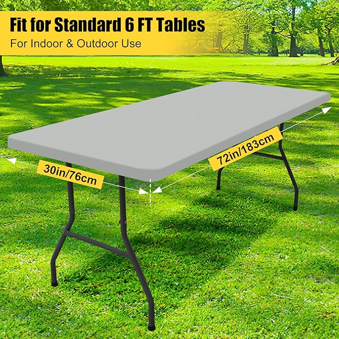 Smiry Rectangle Picnic Table Cloth, Waterproof Elastic Fitted Tablecloths for 6 Foot Tables, Washable Polyester Table Cover for Camping, Outdoor and Indoor (Light Grey, 30"x72")
