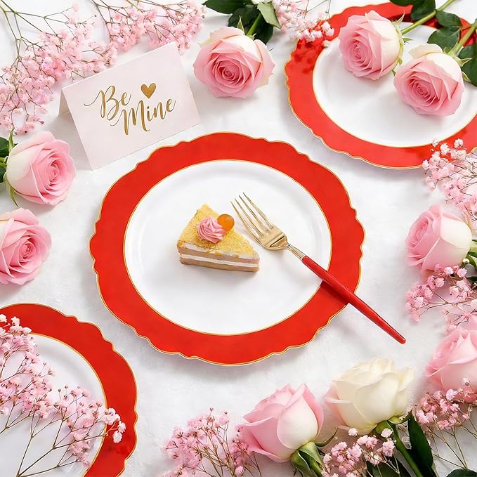 WDF 60pcs Red Valentines Plates with Gold Rim - 10.25inch Red Dinner Plates Disposable Plates Table Decor for Valentine's Day