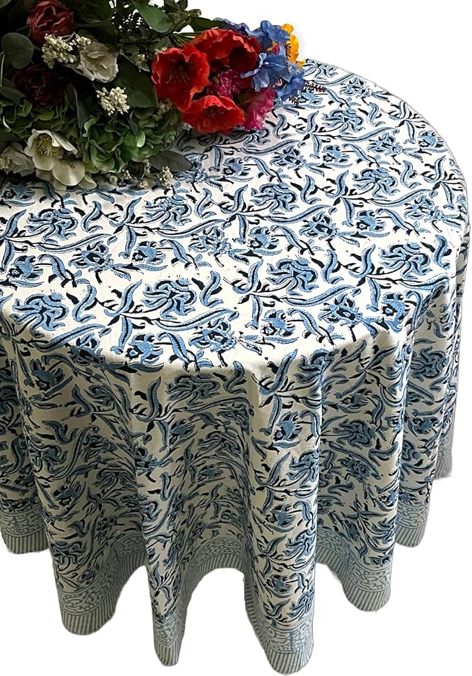 ATOSII Midnight Bloom 100% Cotton Spring Summer Round Tablecloth, Handblock Print Floral Table Cloth for Kitchen Dining Linen I Parties, Weddings, Outdoors, Holidays, Mother's Day I 60" Inches Round