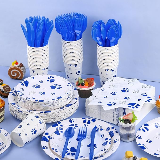 Kochorie 400 Pieces Blue Paw Disposable Party Tableware Sets Dog Puppy Supplies Including Plates Cups Napkins Cutlery Serves 50 for Birthday Puppy Theme Party Decorations