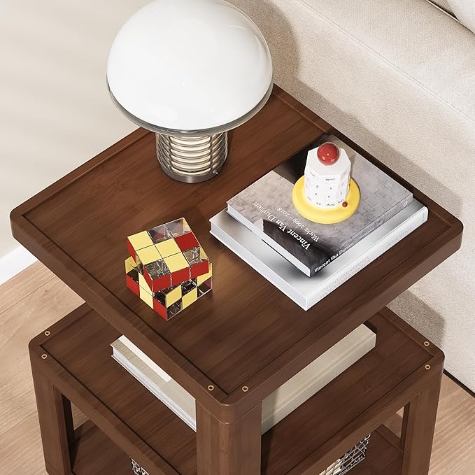 ZIYOO 3-Tier Solid Wood Mobile Side Table with Wheels, Wooden Night Stand, Unique Floating Design Storage Organizer for Bedroom, Living Room, Small Spaces, Walnut