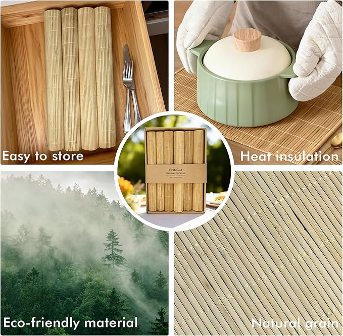 6-Pack Bamboo Placemats,Woven Heat-Resistant Rectangular Table Mats, Natural Dining Place Mats, Rustic Japanese Style Wood Mats for Indoor Dining, Kitchen and Party Use, Beige