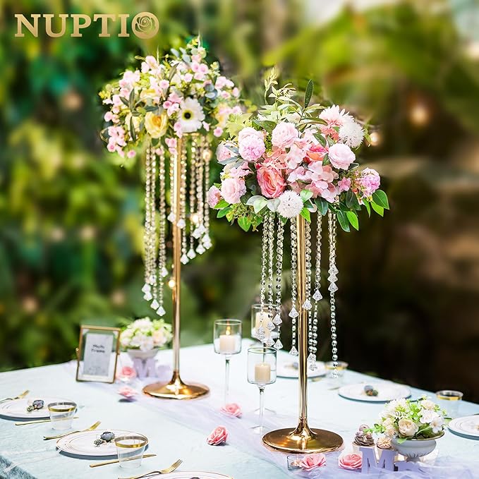 Nuptio Wedding Centerpieces Gold Vases: 10 Pcs 27.6in Tall Crystal Flower Vase Metal Flowers Stand for Party Tables Decorations - Elegant Bulk Weddings Decoration Table Chandelier Centerpiece Stands