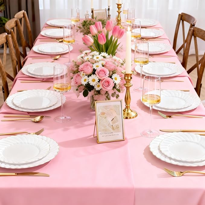 U-QE 60 Pcs White Plastic Plates with Gold Rim – Fancy Scalloped Plates Disposable - Premium Hard Plastic Plates Include 30 10" Dinner & 30 7" Dessert Plate for Party & Valentines Day