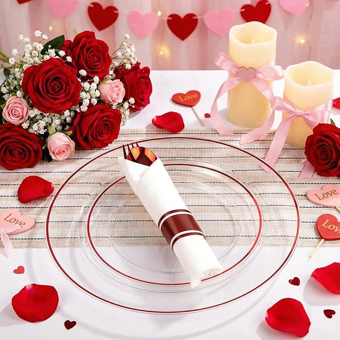 SUT 175 Pcs Red and Clear Plastic Dinnerware Set for 25 Guests, Include: 25 Dinner Plates, 25 Dessert Plates, 25 Pre Rolled Napkins With Silverware, 25 Cups, Disposable Plates for Party