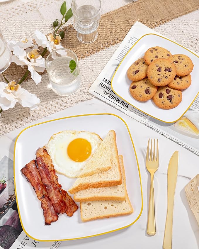 bUCLA 100PCS White Plates with Gold Trim - Heavy Duty White Gold Square Disposable - Include 50 Each (10 inch Dinner & 7.25 inch Dessert) Plates for Party & Wedding