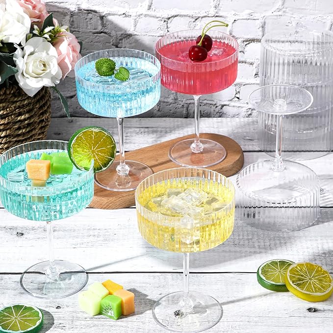 100 Pcs Ribbed Martini Glasses 10 oz Disposable Plastic Vintage Ribbed Coupe Glasses Unbreakable Dessert Parfait Glassware for Wedding Birthday Party Supplies (Clear)