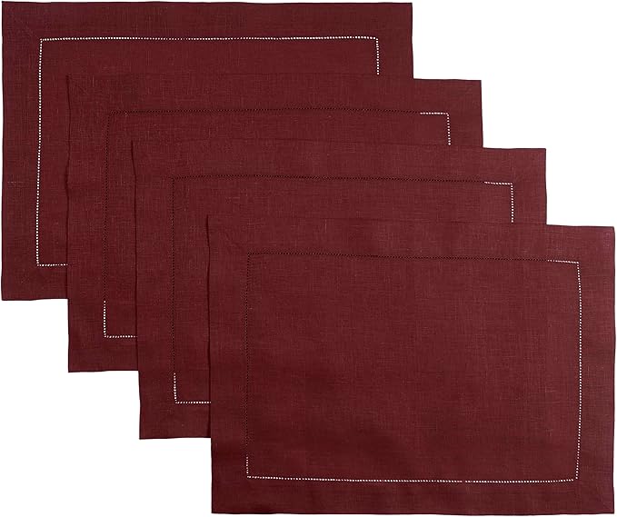 D'Moksha Homes Linen Placemats Set of 4 - Classic Hemstitch Dark Red Placemats 14 x 19 Inch - 100% Pure Linen Table Mats for Valentines, Spring - Handcrafted and Machine Washable