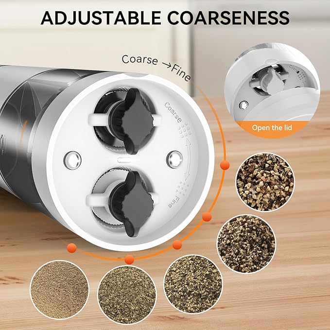 2 in 1 Electric Salt and Pepper Grinder Set, USB Rechargeable, Automatic Salt and Pepper Mill Shakers with Battery Display, LED Light, Adjustable Coarseness(White)
