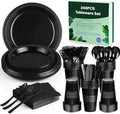 Kochorie 240 Pieces Black Plastic Dinnerware Set for 30 Guests Disposable Heavy Duty Plates Napkins Cups and Silverware Dessert Dinner Plates for Birthday Wedding Halloween Party Supplies
