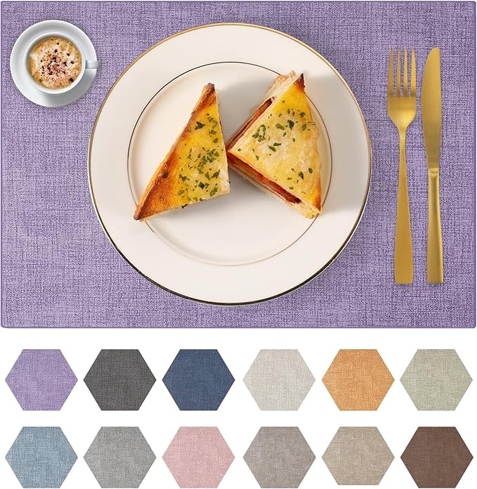 Faux Leather Placemats Set of 8 Washable PU Table mats for Kitchen Table - Heat Resistant, Waterproof, Easy Clean, Anti Slip 11.8" x 17" (Purple-8 Pack)