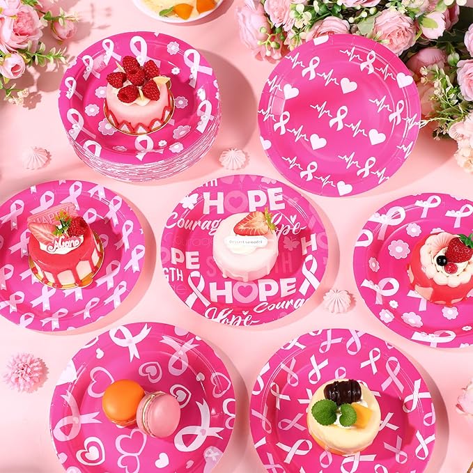 60 Pcs Breast Cancer Awareness Decorations 7 Inch Pink Ribbon Survivor Paper Plates Disposable Party Supplies Hope Love Cure Plates for Breast Cancer Awareness Month Women Charity Activities