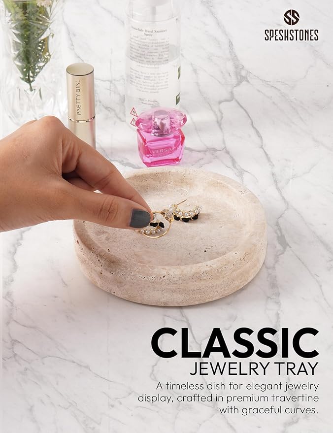Marble Jewelry Dish 5 Inch Handmade Travertine Ring Holder - Trinket Tray for Vanity & Aesthetic Room Decor, Stone Key Bowl & Candle Plate for Entryway Table,