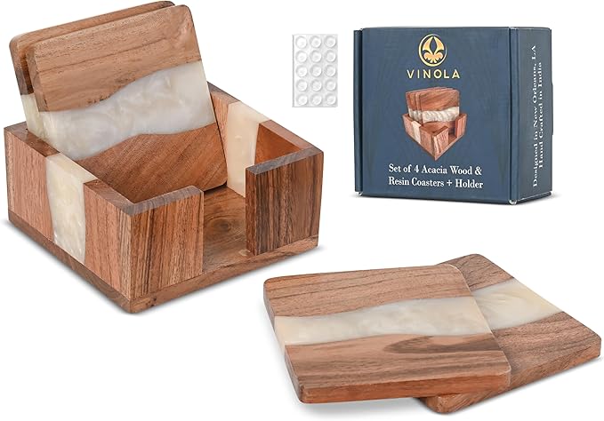 Resin Coasters - Modern Elegant Epoxy Coaster Set with Holder for Office or Bachelor Pad