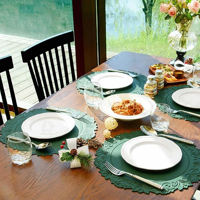 Noctiflorous Round Faux Leather 15 Inch Placemats Set of 6 Waterproof Wipeable Heat Resistant Tablemat for Dining Table Kitchen Non Slip Oilproof Table Place Mat for Indoor Outdoor(Green, 6)